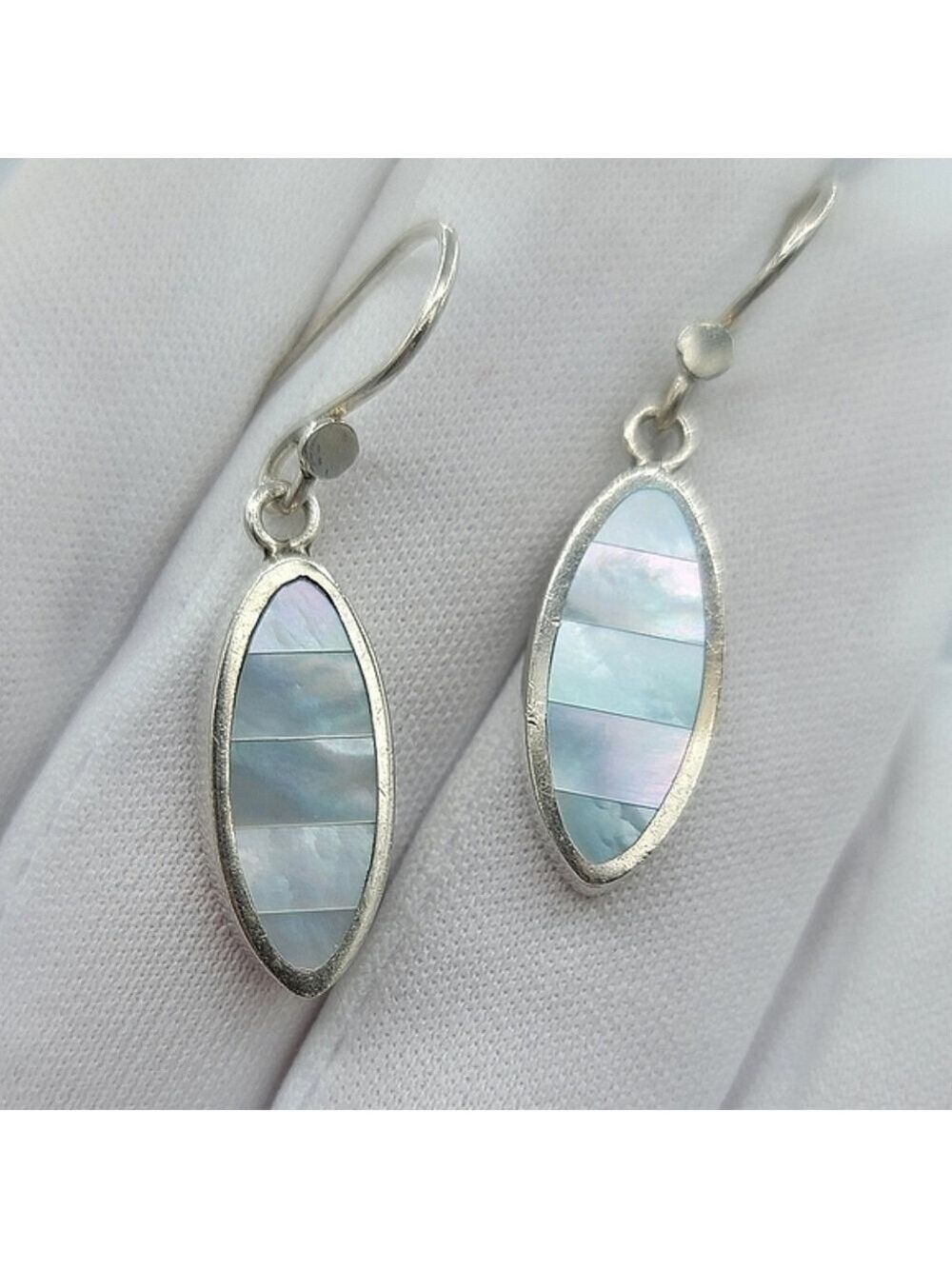 Oval Iridescent Seashell Inlay Silver Drop Earrings #1223